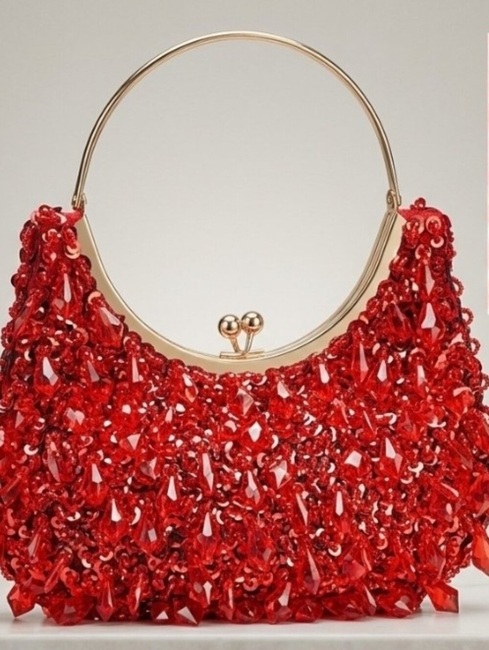 Red Sequin And Jeweled Statement Top-Handle Evening Bag